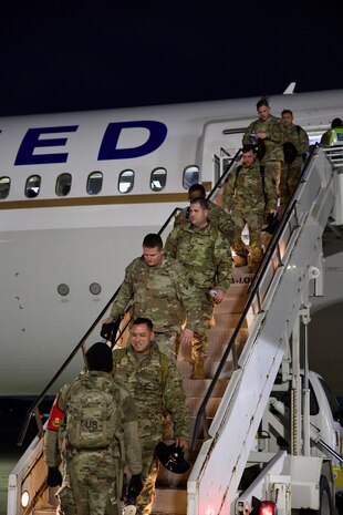 OSAN AIR BASE, Republic of Korea-- Soldiers from the 3rd Cavalry Regiment (3CR), 1st Cavalry Division debark aircraft on Jan. 23, 2024, as part of the next Korea Rotational Force (KRF). 3CR is set to assume the KRF mission in late-February and will remain in Korea for a nine-month routine deployment. During the rotation, they will be under operational control of the 2nd Infantry ROK-U.S. Combined Division. (U.S. Army photo by Pfc. Cayden Hall)