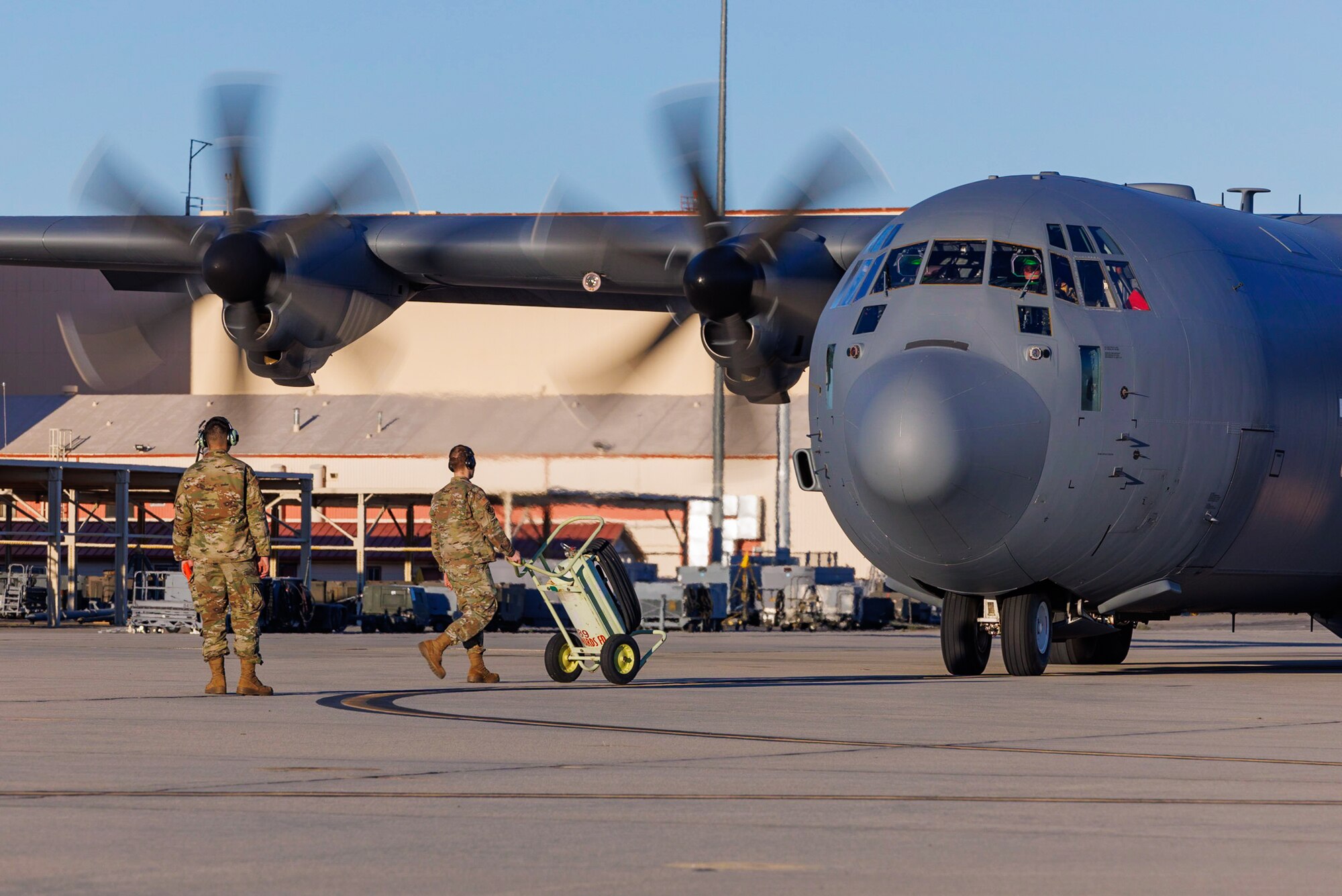 A C-130 Hercules prepares for flight during the inaugural Bamboo Eagle exercise at Edwards Air Force Base, CA., Jan 29, 2024. Bamboo Eagle provides Airmen, allies, and partners with a multidimensional, combat-representative battle-space to conduct advanced training in support of U.S. national interests.