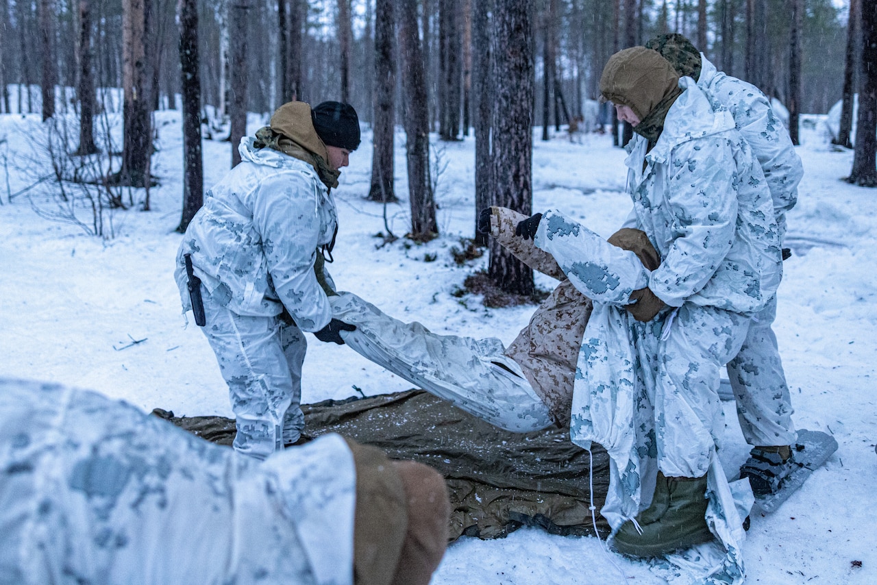 Marines and sailors conduct a simulated casualty evacuation in the snow.