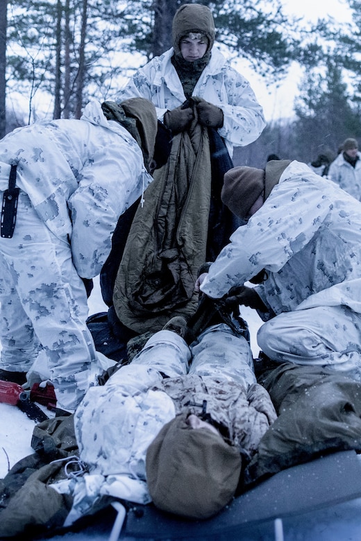 Marines and sailors conduct a simulated casualty evacuation in the snow.