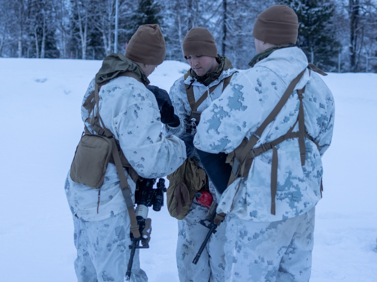 Marines work together in the snow.