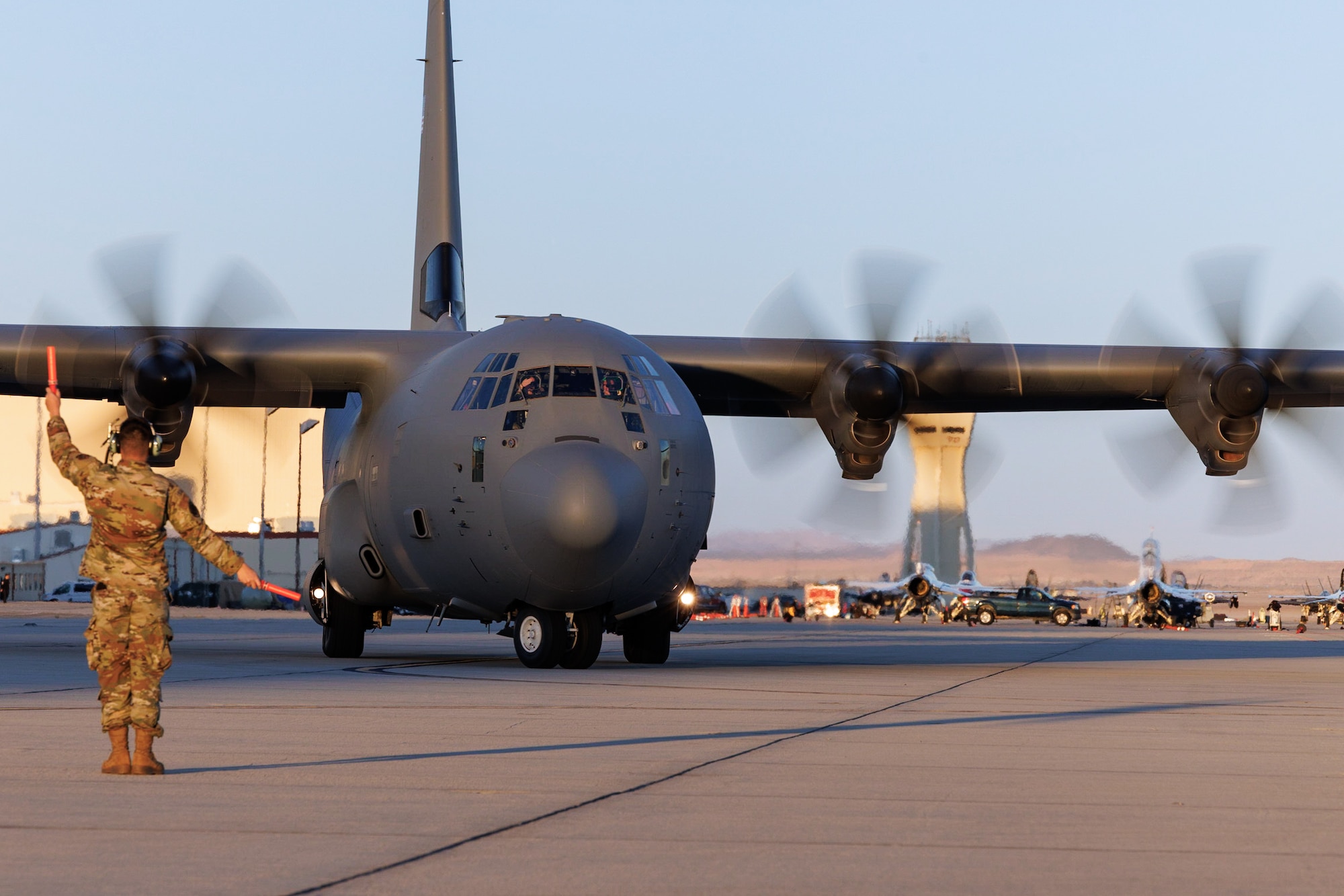 A C-130 Hercules prepares for flight during the inaugural Bamboo Eagle exercise at Edwards Air Force Base, CA., Jan 29, 2024. Bamboo Eagle provides Airmen, allies, and partners with a multidimensional, combat-representative battle-space to conduct advanced training in support of U.S. national interests.