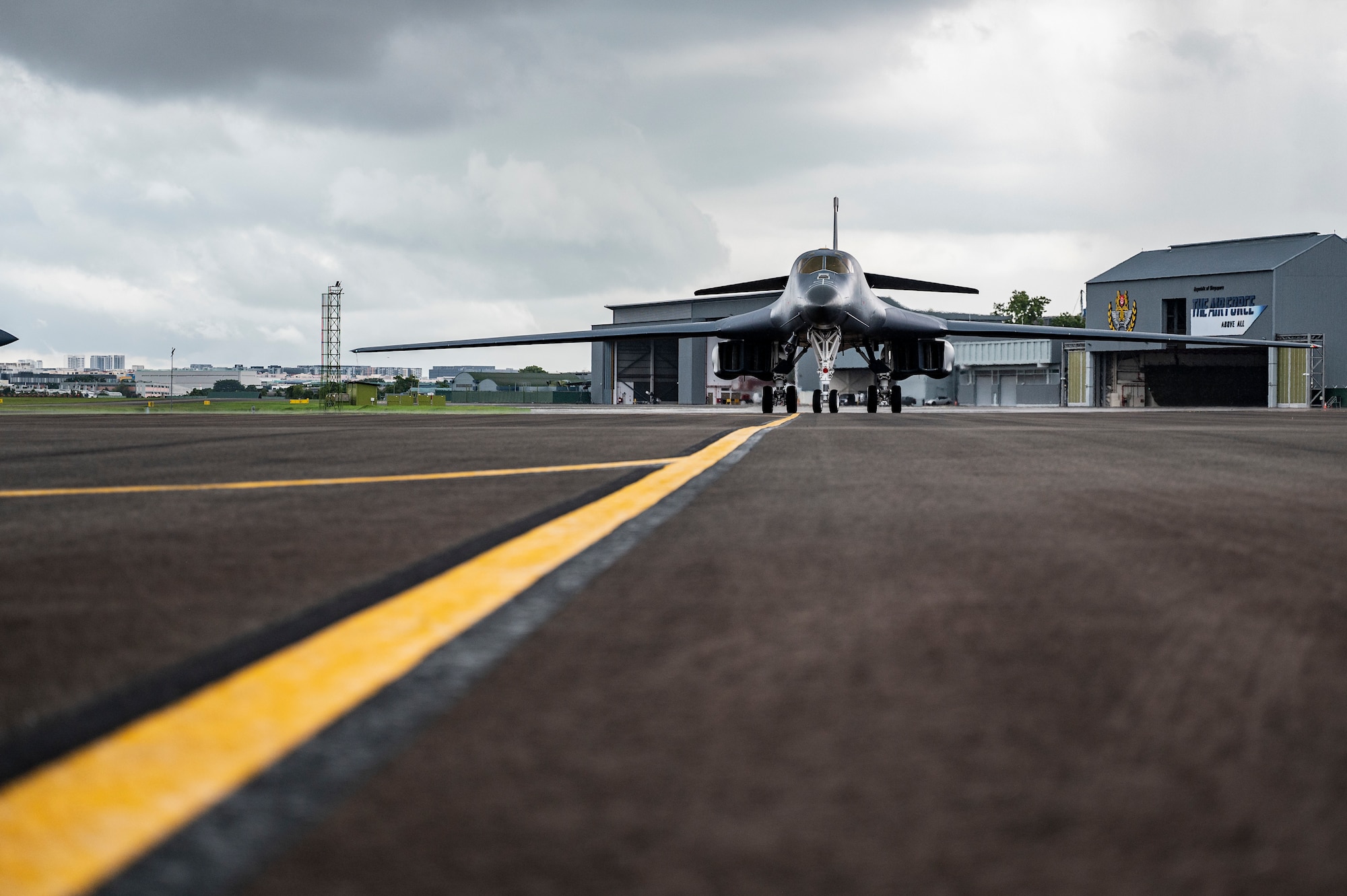 A B-1B Lancer assigned to the 345th Expeditionary Bomb Squadron, out of Dyess Air Force Base, Texas, taxi on the flightline at Paya Lebar Air Base, Singapore, Jan. 19, 2024. The 345th EBS arrived in Singapore as part of regular U.S. Air Force training and engagements with key partners in the region. (U.S. Air Force Photo by Senior Airman Ryan Hayman)