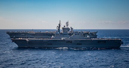 240131-N-ES141-1013
PHILIPPINE SEA (Jan. 31, 2024) The Japan Maritime Self-Defense Force helicopter destroyer JS Ise (DDH 182), front, and the Nimitz-class aircraft carrier USS Carl Vinson (CVN 70), sail in formation during multi large deck event (MLDE) held in the Philippine Sea, Jan. 31. MLDE provides the U.S. Navy and Japan Maritime Self Defense force an opportunity to engage in joint operations to include enhanced maritime communication operations, air warfare operations and cross-deck flight operations to strengthen maritime integrated-at-sea operations and combat readiness. (U.S. Navy photo by Mass Communication Specialist 3rd Class Robert Hicks)