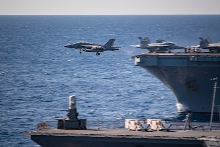 240131-N-ES141-1031
PHILIPPINE SEA (Jan. 31, 2024) An F/A-18E Super Hornet, assigned to Carrier Air Wing (CVW) 2, takes off from the Nimitz-class aircraft carrier USS Carl Vinson (CVN 70), during multi large deck event (MLDE) held in the Philippine Sea, Jan. 31. MLDE provides the U.S. Navy and Japan Maritime Self Defense force an opportunity to engage in joint operations to include enhanced maritime communication operations, air warfare operations and cross-deck flight operations to strengthen maritime integrated-at-sea operations and combat readiness., Jan. 31. (U.S. Navy photo by Mass Communication Specialist 3rd Class Robert Hicks)