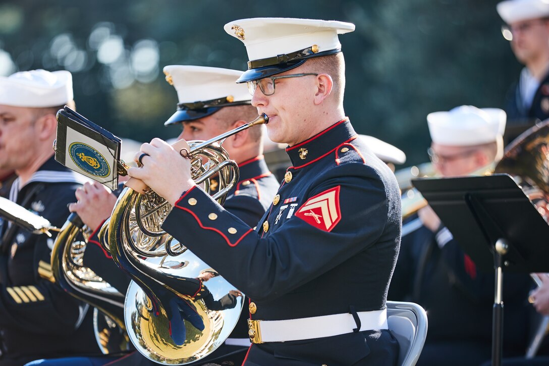 U.S. Marine Corps Cpl. Matthew Cary, a musician with the 2nd Marine Aircraft Wing (MAW), performs during the 80th anniversary of the Allied landings at Anzio and Nettuno in Nettuno, Italy, on Jan. 24, 2024. The Sicily-Rome American Cemetery hosted the ceremony to commemorate Operation Shingle, the codename for the Allied landings at Anzio and Nettuno. The ceremony honored the service members who fought and died in the vicinity during World War II. (U.S. Marine Corps photo by Lance Cpl. Maxwell Cook)