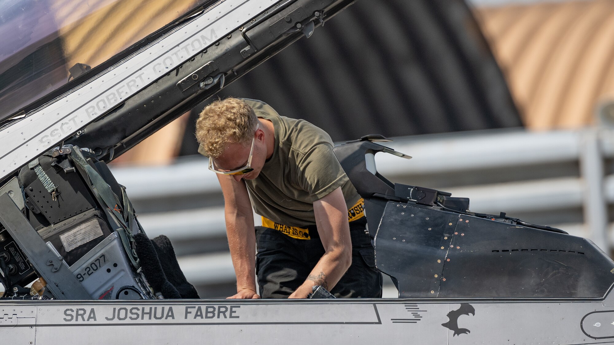 U.S. Air Force Senior Airman Peyton Huttula, 80th Fighter Generation Squadron F-16 crew chief, prepares an F-16 Fighting Falcon for flight during Buddy Squadron 24-4 at Cheongju Air Base, Republic of Korea