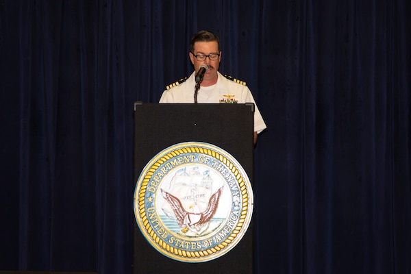 DIEGO GARCIA, British Indian Ocean Territory – Capt. Pete J. Hatcher, commanding officer of U.S. Naval Support Facility Diego Garcia, speaks during Naval Medical Readiness Training Unit Diego Garcia’s change of charge ceremony June 24, 2024. NSF Diego Garcia’s mission is to provide critical support to U.S. and allied forces forward deployed to the Indian Ocean, while supporting multi-theater forces operating in the CENTCOM, AFRICOM, EUCOM and PACOM areas of responsibilities in support of overseas contingency operations. (Courtesy photo by Nengh Dumlao)