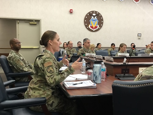 Brig. Gen. Mary "MK" Haddad briefs on the IMA Strategic Review at the Air Combat Command Reserve Training Assembly. (U.S. Air Force photo by Lt. Col. Shannon Mann)