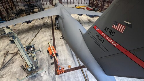 A Westover C-5 is prepped for maintenance. (U.S. Air Force photo)