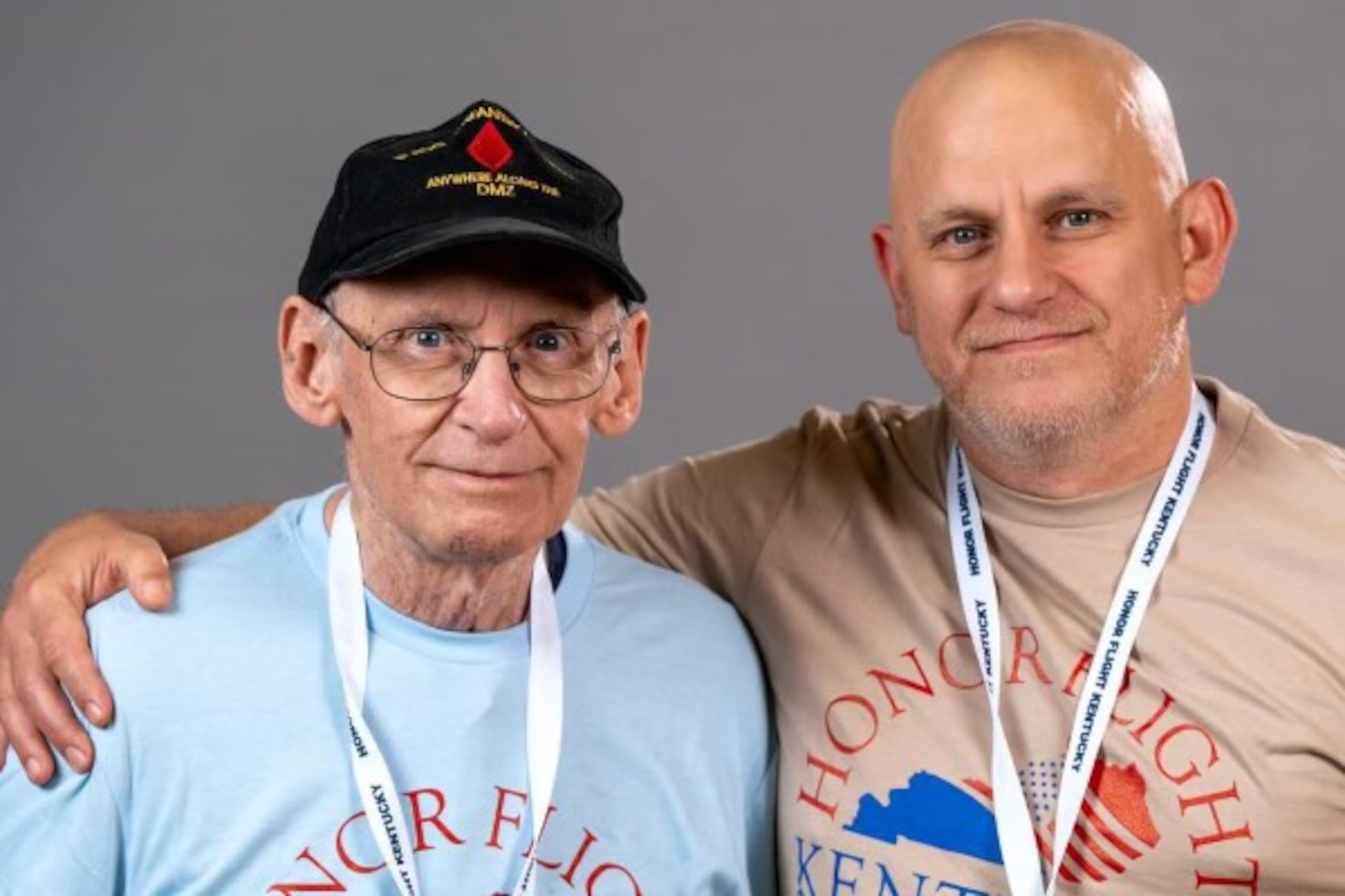 Vietnam veteran Larry Rowe, left, and his son, Chief Master Sgt. Robert Rowe, 87th Aerial Port Squadron. Both father and son recently took part in the May 19, 2024, Honor Flight from Lexington, Kentucky, to Washington. (Courtesy photo)