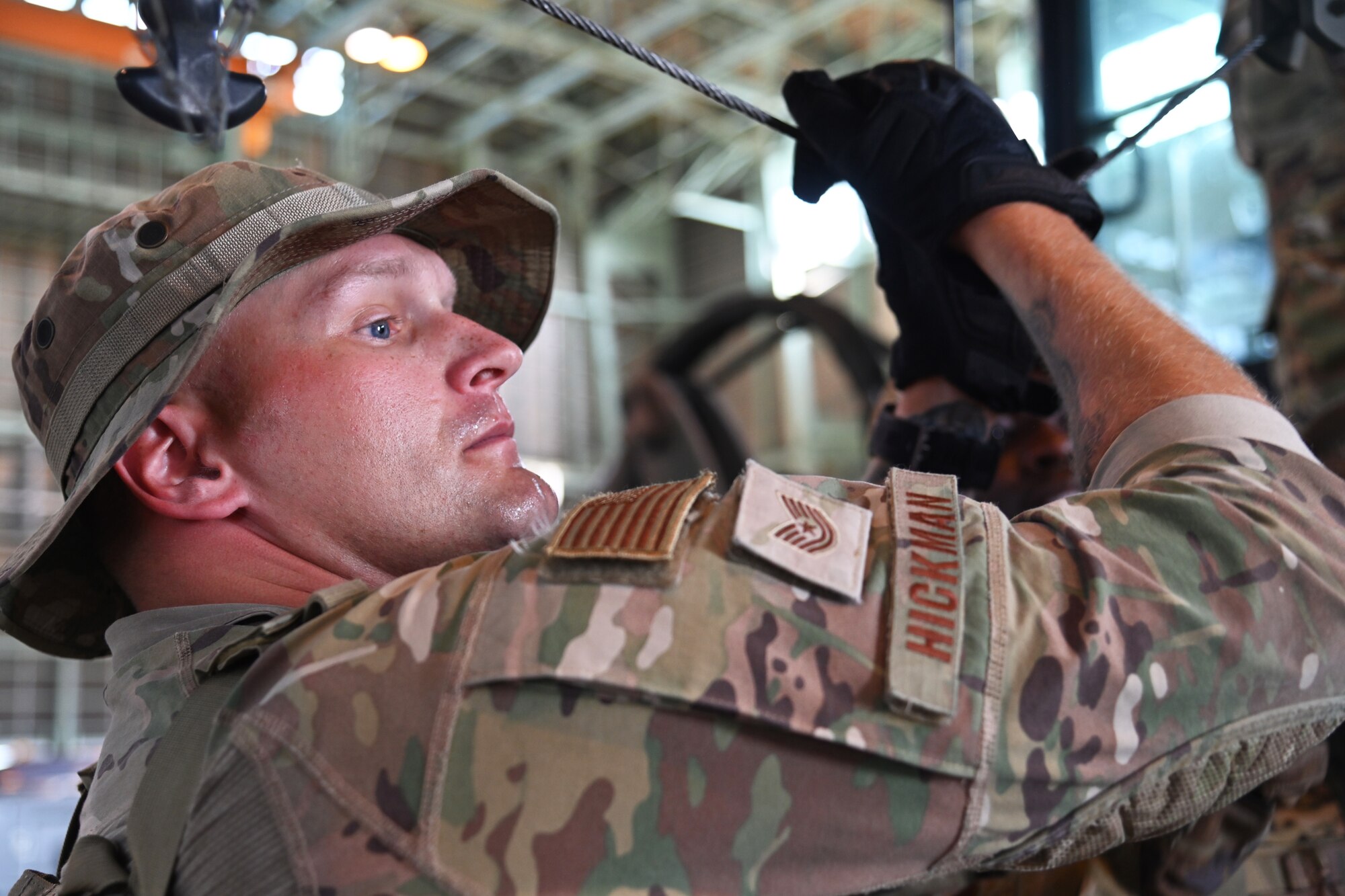 U.S. Air Force Staff Sgt. Daniel Hickman, 721st Contingency Response Squadron aerial porter, adjusts a forklift during Exercise Valiant Shield at Japan Maritime Self-Defense Force Hachinohe Air Base, June 12, 2024.