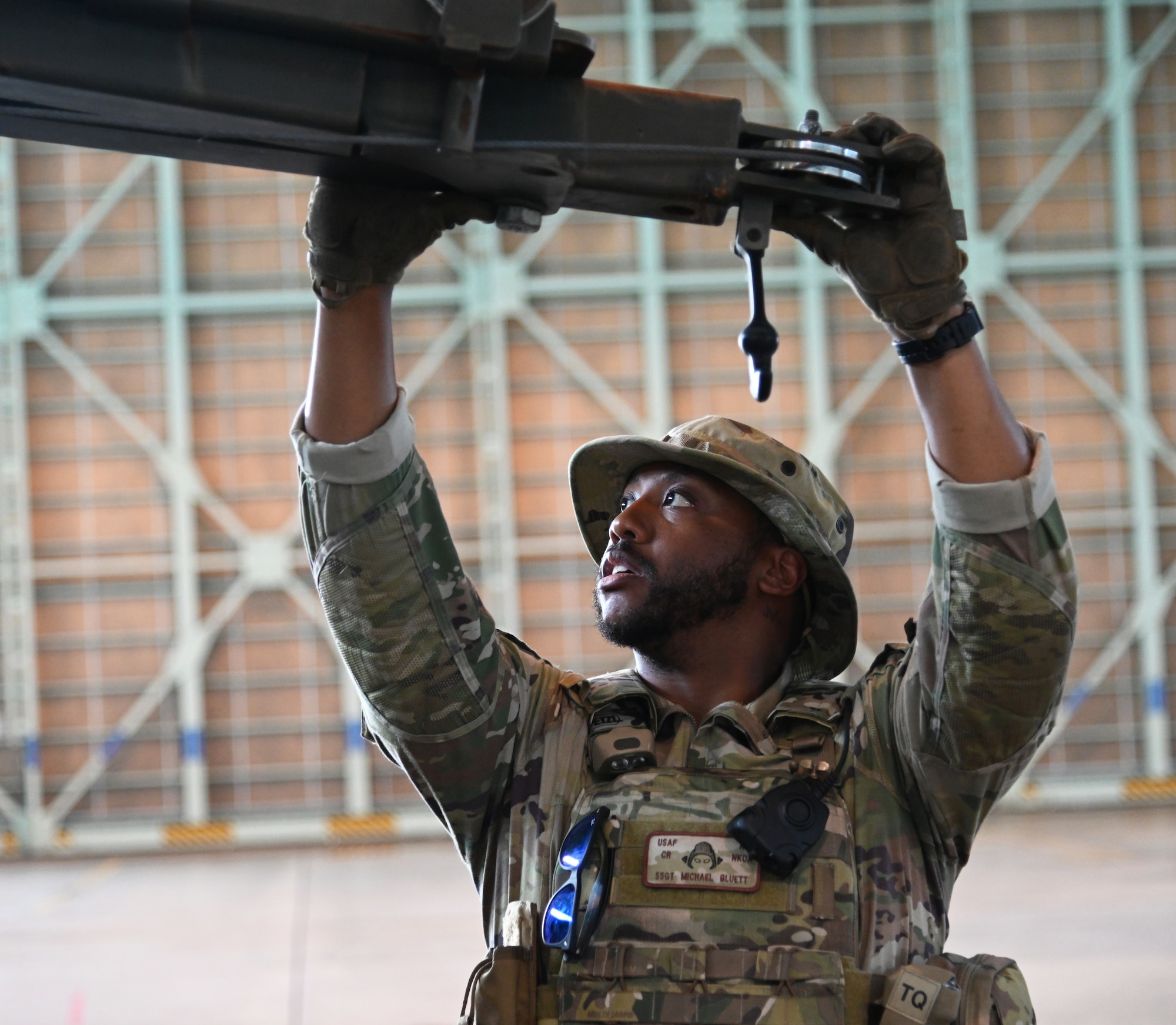 U.S. Air Force Staff Sgt. Michael Bluett, 721st Contingency Response Squadron aerial porter, adjusts a forklift during Exercise Valiant Shield at Japan Maritime Self-Defense Force Hachinohe Air Base, June 12, 2024.