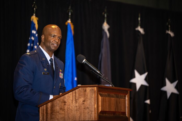 Col. Marcus Starks gives his first statements as National Space Intelligence Center commander, during a change of command and field operating agency activation ceremony at Wright-Patterson Air Force Base, Ohio, June 28, 2024. The historic event was the first NSIC change of command ceremony as Col. Marqus Randall, outgoing NSIC commander, relinquished command to Starks. (U.S. Air Force photo by Daniel Peterson)