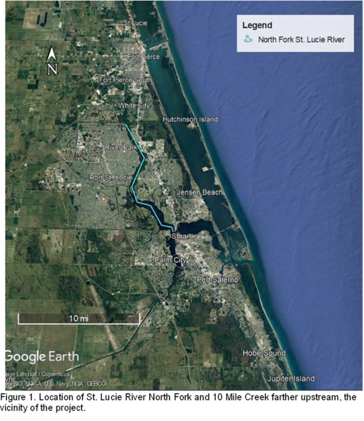 Figure 1. Location of St. Lucie River North Fork and 10 Mile Creek farther upstream, the vicinity of the project.