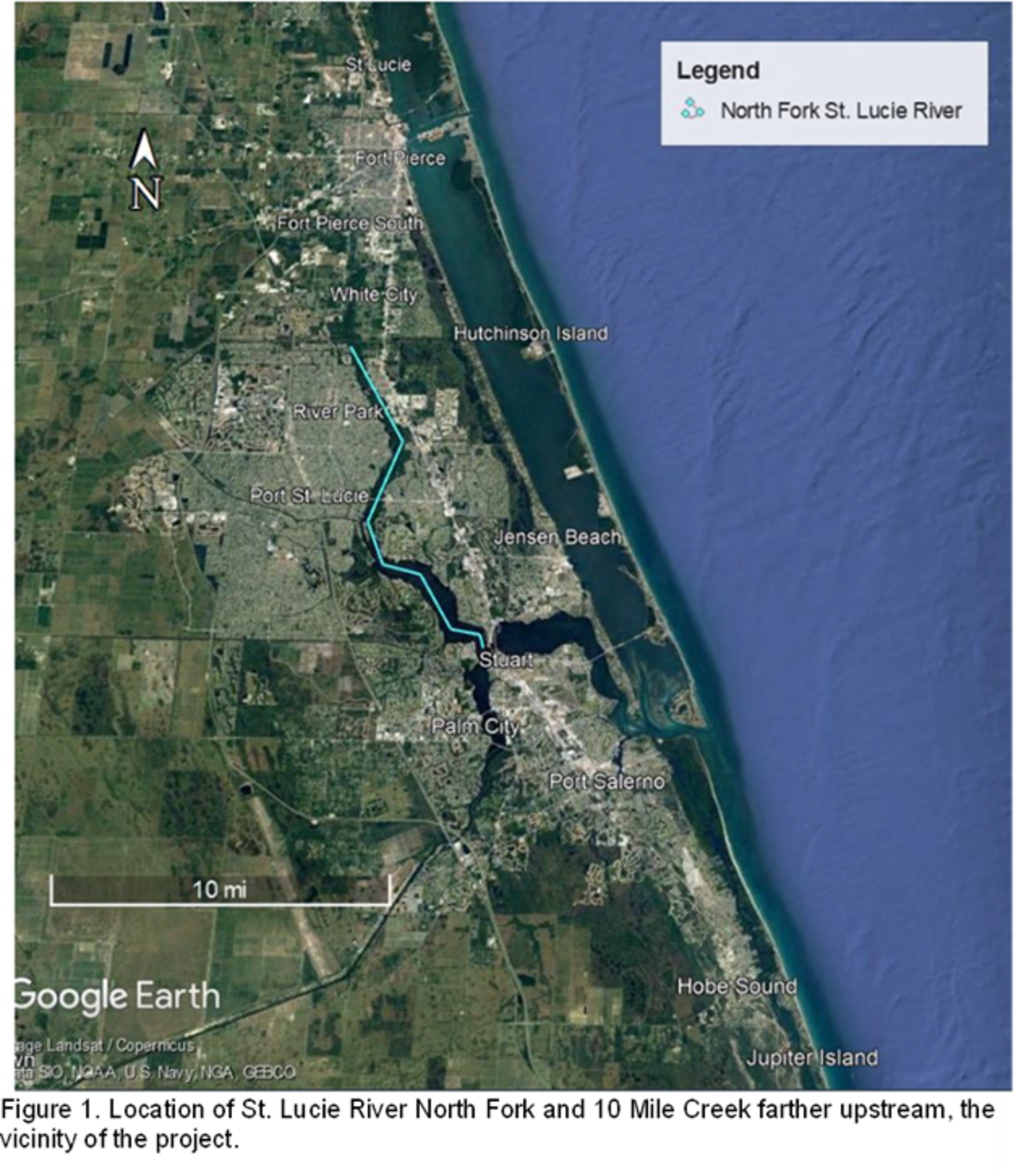 Figure 1. Location of St. Lucie River North Fork and 10 Mile Creek farther upstream, the vicinity of the project.