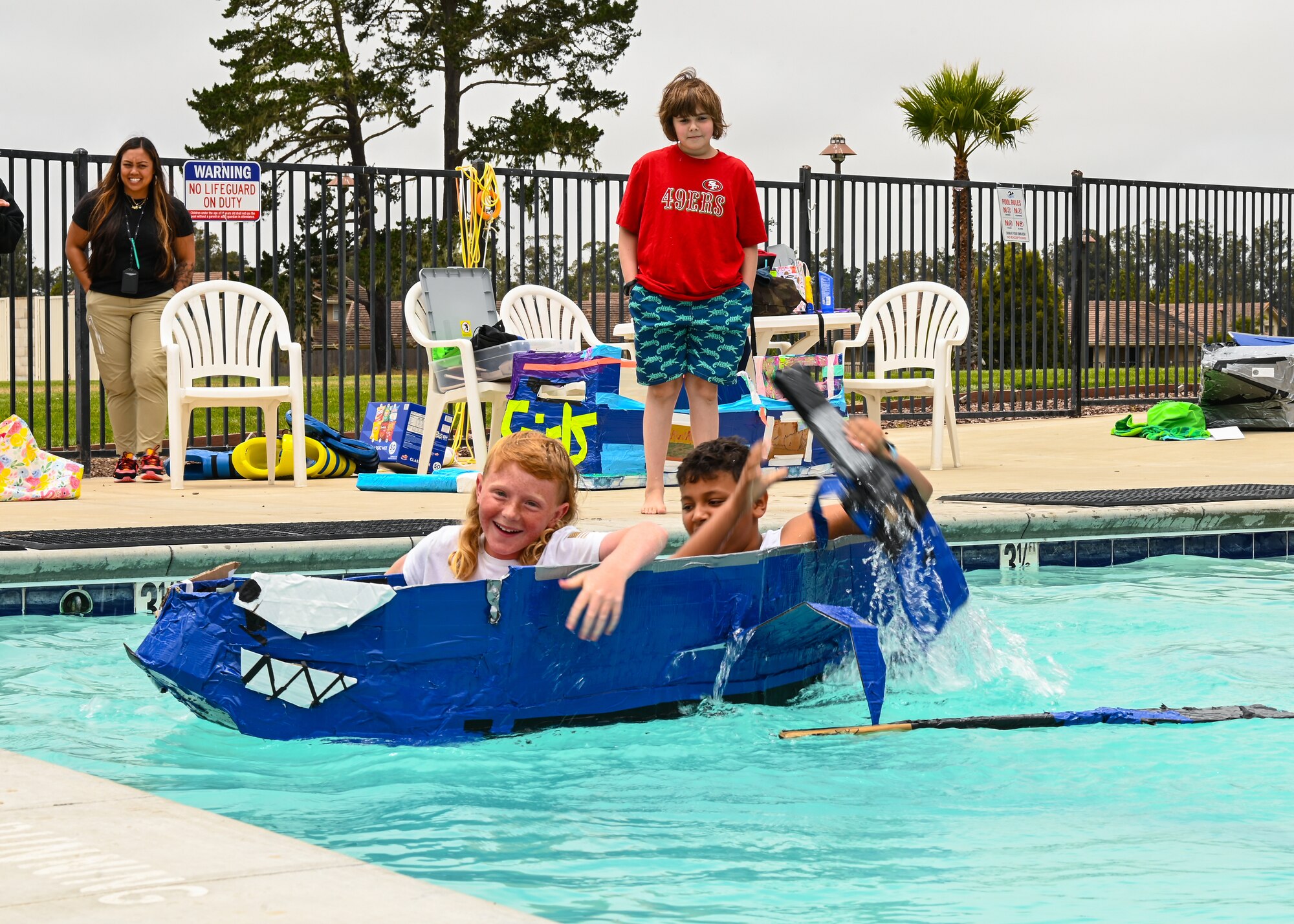 Children participate in the 30th Force Support Squadron Youth Program Jr. Cardboard Regatta at Vandenberg Space Force Base.