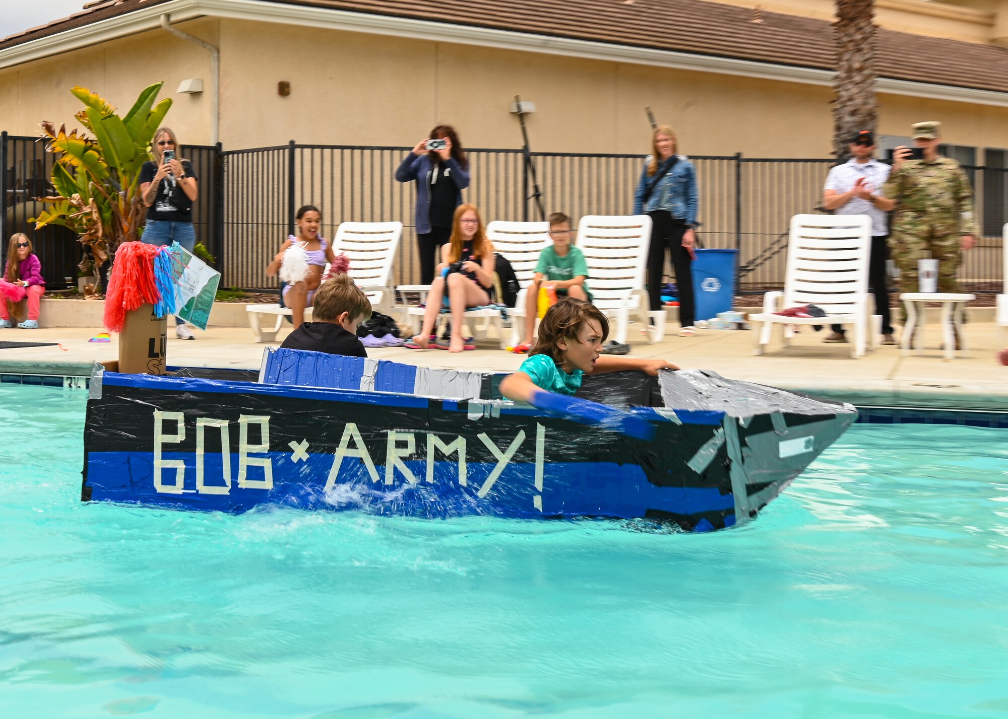 Children participate in the 30th Force Support Squadron Youth Program Jr. Cardboard Regatta at Vandenberg Space Force Base.