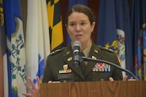 Col. Julia Donley addresses the crowd after assuming responsibility as the 43rd Chief of Signal at a ceremony June 21, 2024, at Fort Eisenhower, Ga.