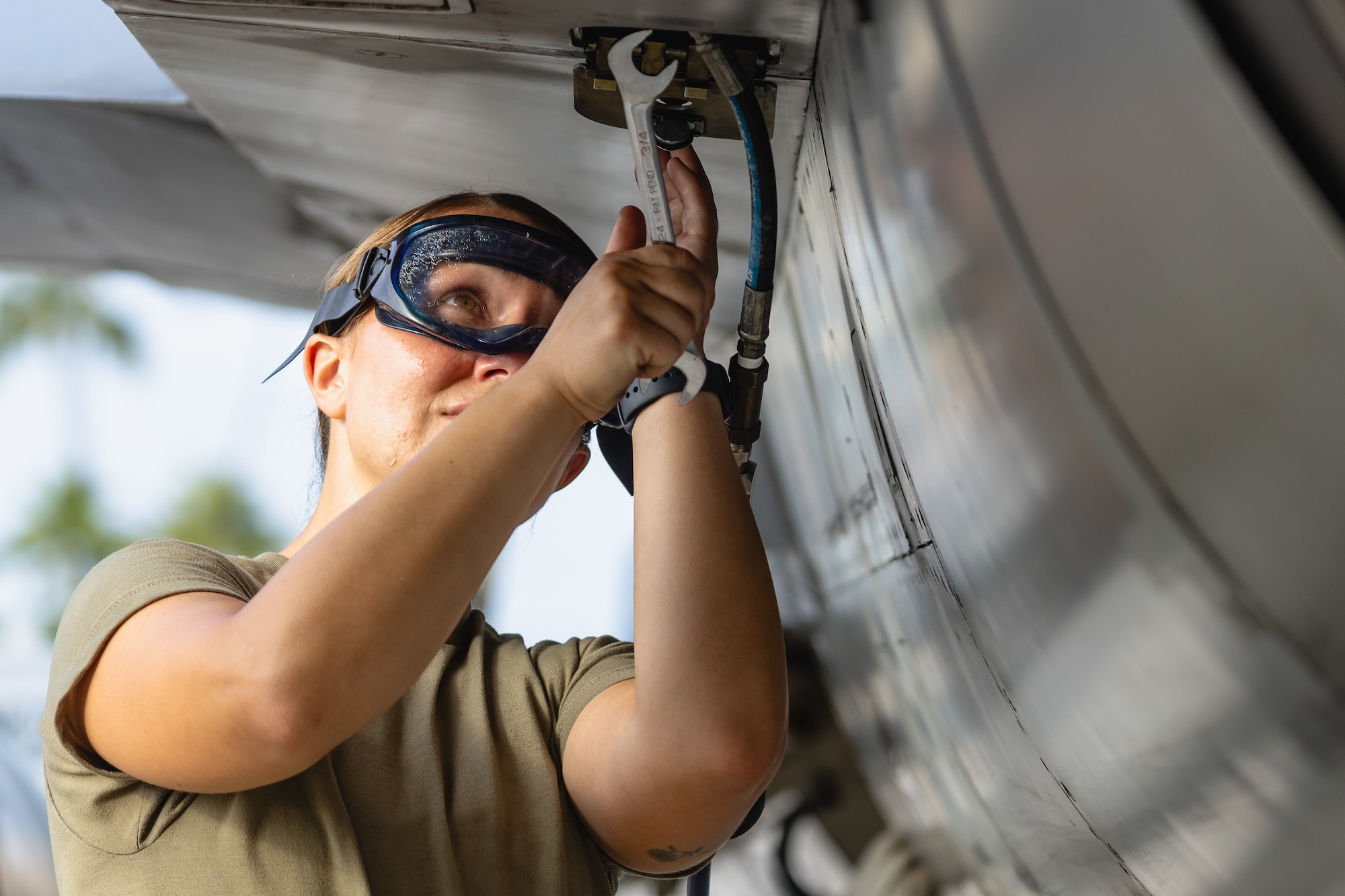U.S. Air Force Staff Sgt. Erin C. Levari, 177th Aircraft Maintenance Squadron crew chief, prepares an F-16 Fighting Falcon fighter jet from the 177th Fighter Wing, New Jersey Air National Guard, for takeoff at Joint Base Pearl Harbor-Hickam, Hawaii, June 6, 2024.