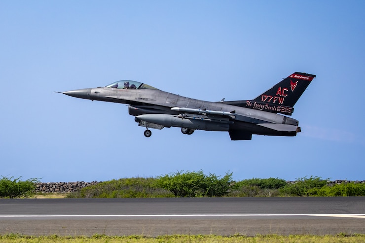 A U.S. Air Force F-16 Fighting Falcon fighter jet from the 177th Fighter Wing, New Jersey Air National Guard, takes off from Honolulu International Airport, Hawaii, June 6, 2024.