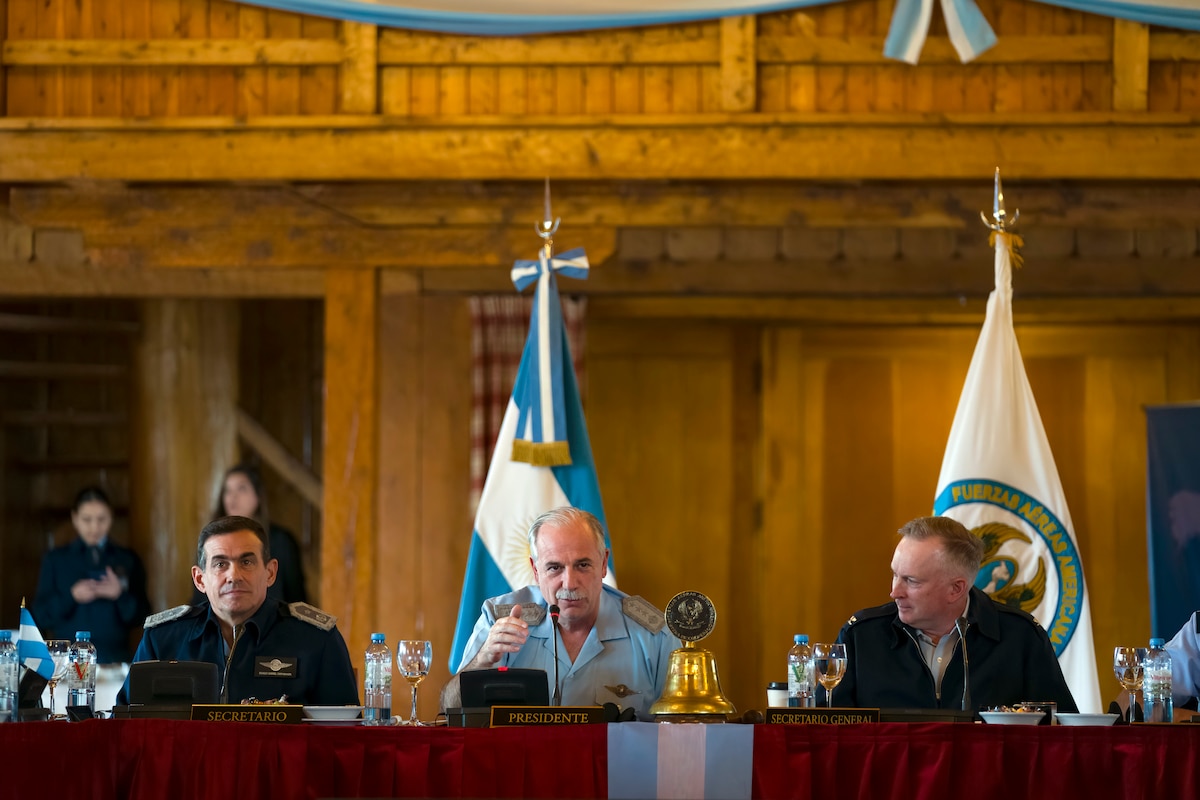 Argentinian Air Force Chief of Staff, Gen. Fernando Luis Mengo, center, leads discussion during the 64th Conference of the American Air Chiefs meeting in San Carlos de Bariloche, Argentina, June 18, 2024. The conference promoted seamless interoperability with Western Hemisphere partners in an effort to improve their collective abilities to quickly integrate forces and respond to contingencies. (U.S. Air Force photo by Tech. Sgt. Rachel Maxwell)