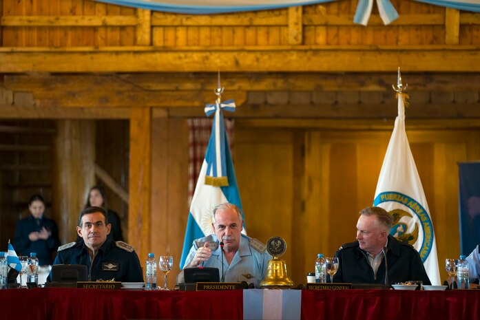 Argentinian Air Force Chief of Staff, Gen. Fernando Luis Mengo, center, leads discussion during the 64th Conference of the American Air Chiefs meeting in San Carlos de Bariloche, Argentina, June 18, 2024. The conference promoted seamless interoperability with Western Hemisphere partners in an effort to improve their collective abilities to quickly integrate forces and respond to contingencies. (U.S. Air Force photo by Tech. Sgt. Rachel Maxwell)