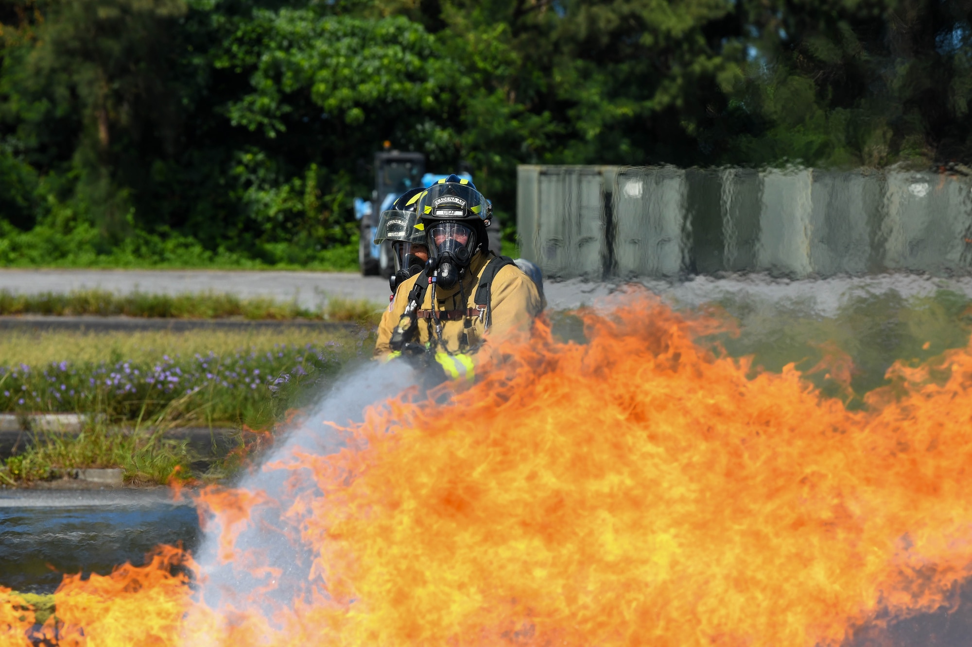 Kadena firefighter faces roaring oil fire