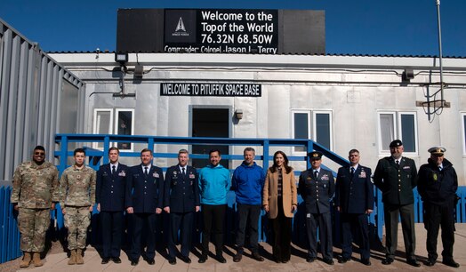  King Frederick X, King of the Kingdom of Denmark, Queen Mary, Queen of the Kingdom of Denmark, and Múte Bourup Egede, Prime Minister of Greenland, gather for a group photo with 821st Space Base Group command staff and personnel at Pituffik Space Base, Greenland, June 29, 2024. King Frederik X and wife Queen Mary made a stop to Pituffik SB while on their way to the village of Qaanaaq. (U.S. Space Force photo by 1st Lt. Danielle Rose)