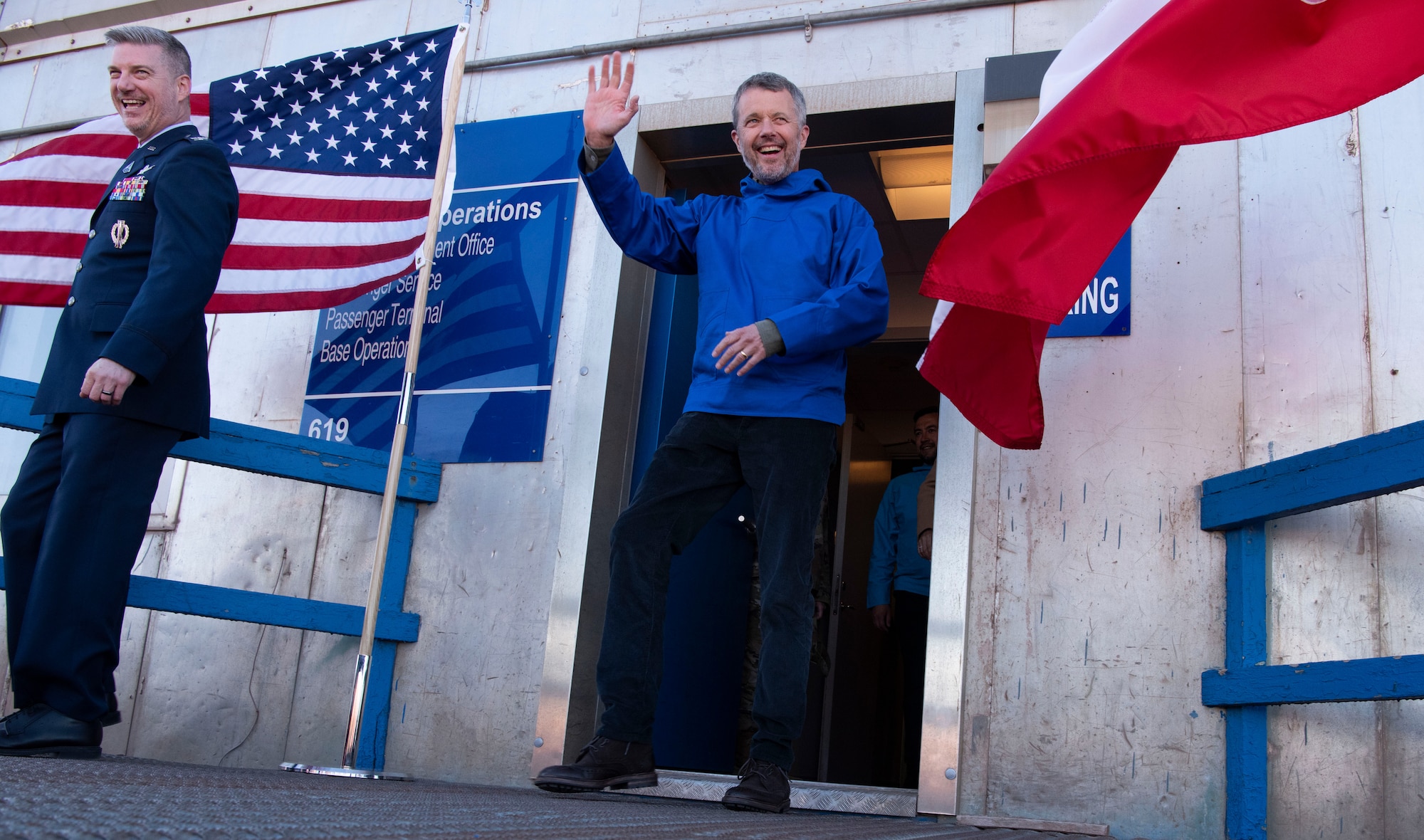 King Frederik X, King of the Kingdom of Denmark, waves to Greenlanders and Pituffik Space Base personnel after his arrival to Pituffik Space Base, Greenland, June 29, 2024. King Frederik X made a stop to Pituffik SB while on his way to the village of Qaanaaq. (U.S. Space Force photo by 1st Lt. Danielle Rose)