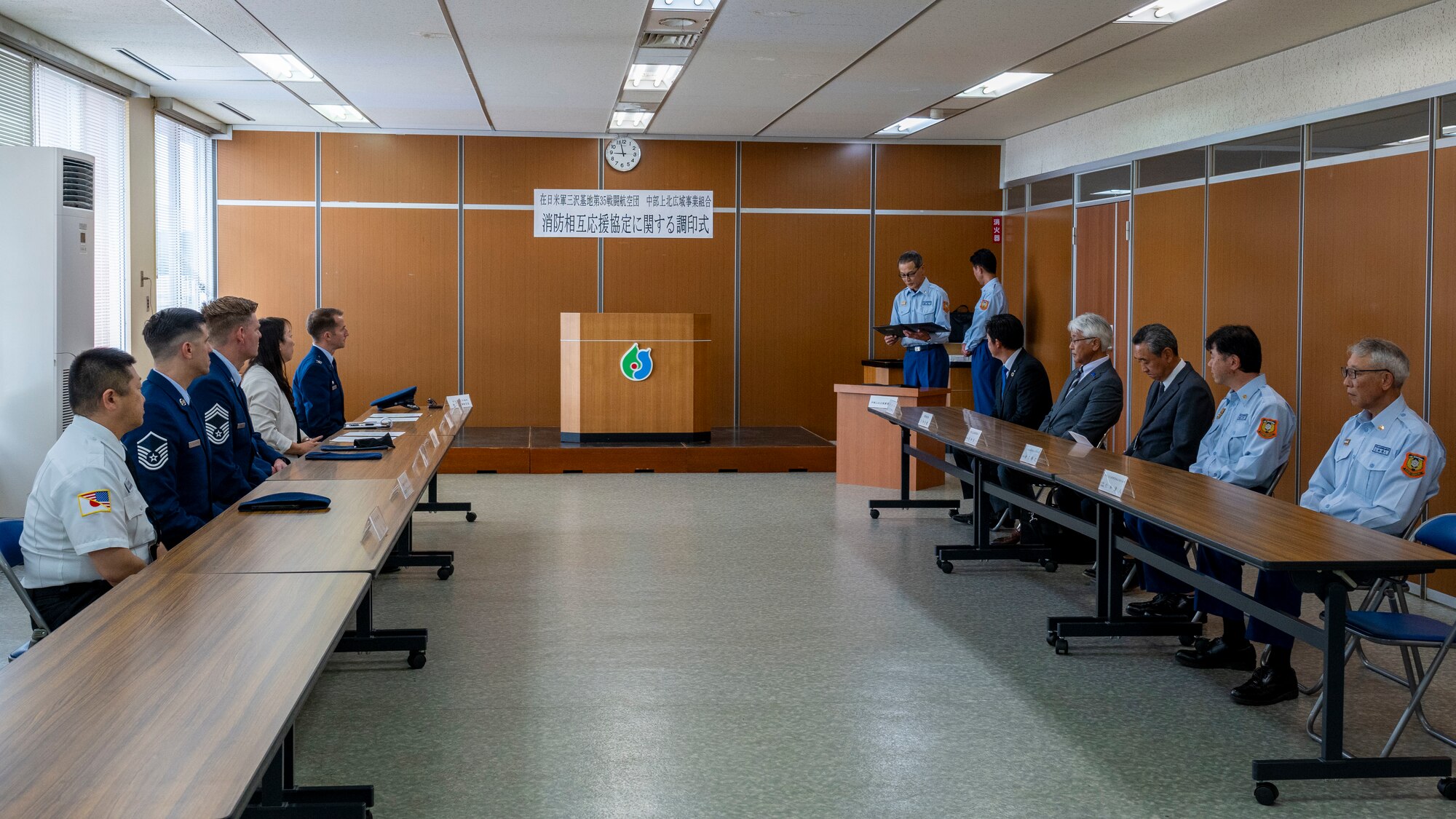 A member from the Chubu-Kamita Regional Business Association Fire Department explains the purpose of the Memorandum of Understanding International (MoUI) during the Fire Protection Agreement ceremony at Tohoku Town, Japan, July 1, 2024.