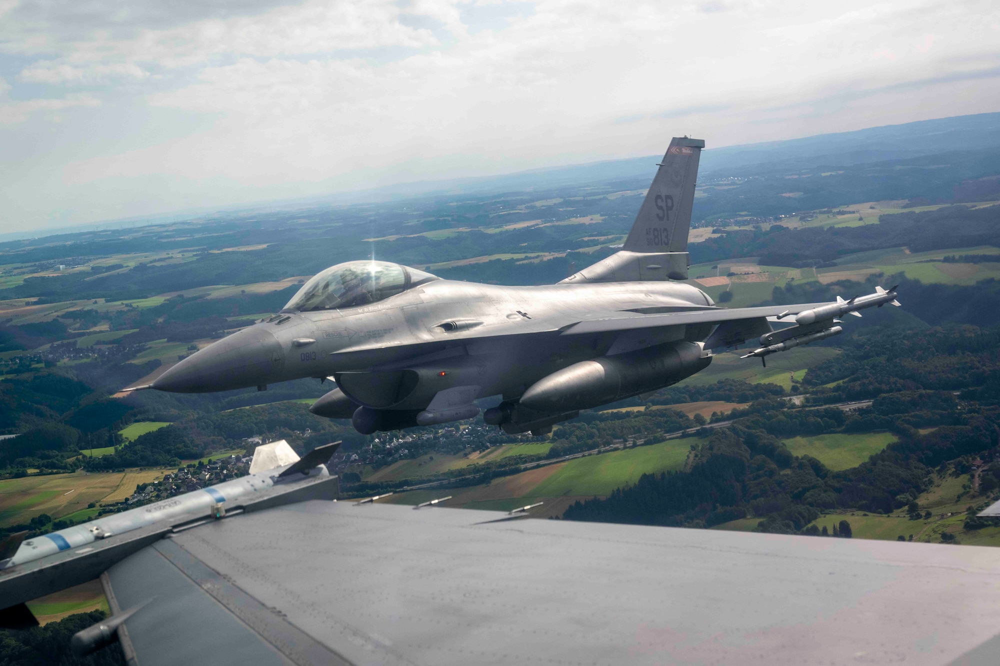 U.S. Air Force F-16 Fighting Falcon fighter flies over Germany