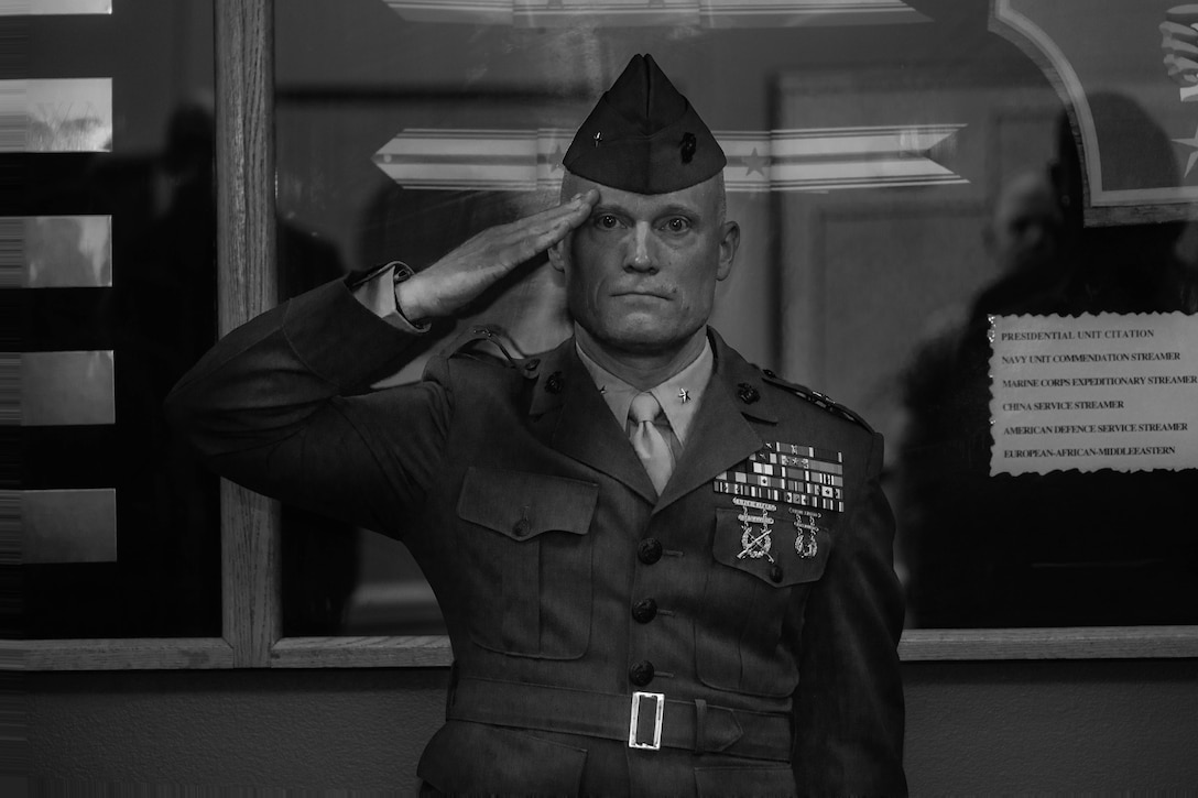 U.S. Marine Corps Col. James W. Lively, the assistant division commander of 2d Marine Division, salutes during his frocking ceremony on Marine Corps Base Camp Lejeune, North Carolina, June 30, 2024. Frocking is a tradition where Marines are advanced to the next pay grade, assuming the title and the responsibilities prior to their official date of promotion. Lively was frocked to the rank of brigadier general. (U.S. Marine Corps photo illustration by Sgt. Alexa M. Hernandez)