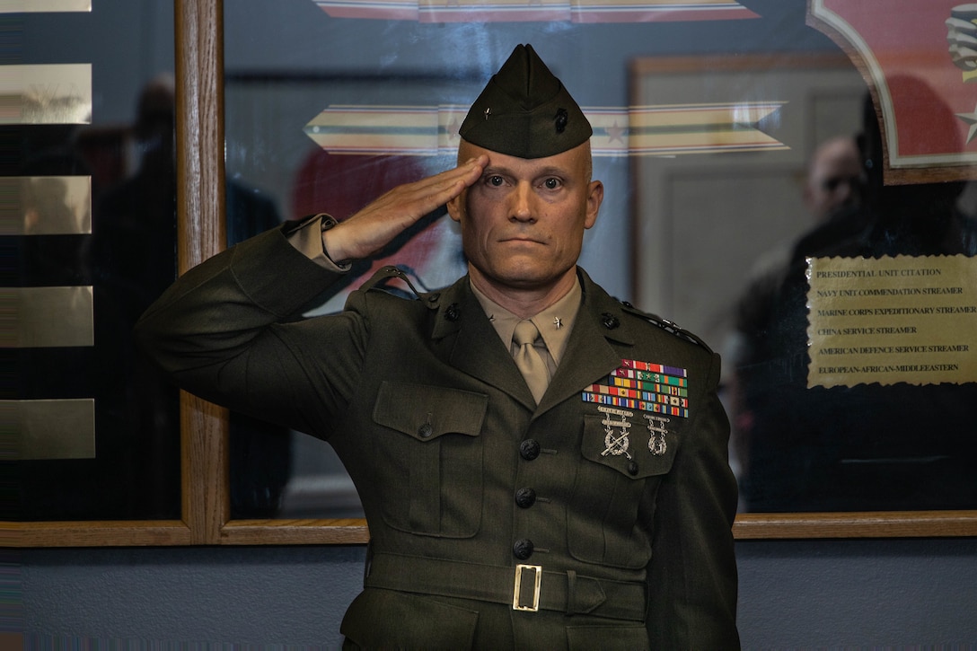 U.S. Marine Corps Col. James W. Lively, the assistant division commander of 2d Marine Division, salutes during his frocking ceremony on Marine Corps Base Camp Lejeune, North Carolina, June 30, 2024. Frocking is a tradition where Marines are advanced to the next pay grade, assuming the title and the responsibilities prior to their official date of promotion. Lively was frocked to the rank of brigadier general. (U.S. Marine Corps photo by Sgt. Alexa M. Hernandez)