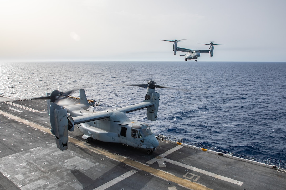 Two U.S. Marine Corps MV-22B Osprey tiltrotor aircrafts with Marine Medium Tiltrotor Squadron 365 (Reinforced), 24th Marine Expeditionary Unit (MEU) Special Operations Capable (SOC), conduct routine flight operations while underway in the Mediterranean Sea, June 28, 2024. The Wasp Amphibious Ready Group-24th MEU (SOC) is conducting operations in U.S. Naval Forces Europe area of operations to support high-end warfighting exercises while demonstrating speed and agility operating in a dynamic security environment. (U.S. Marine Corps photo by Gunnery Sgt. Hector de Jesus)