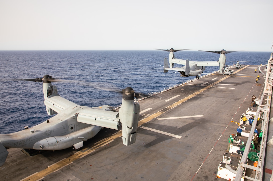 Two U.S. Marine Corps MV-22B Osprey tiltrotor aircrafts with Marine Medium Tiltrotor Squadron 365 (Reinforced), 24th Marine Expeditionary Unit (MEU) Special Operations Capable (SOC), conduct routine flight operations while underway in the Mediterranean Sea, June 28, 2024. The Wasp Amphibious Ready Group-24th MEU (SOC) is conducting operations in U.S. Naval Forces Europe area of operations to support high-end warfighting exercises while demonstrating speed and agility operating in a dynamic security environment. (U.S. Marine Corps photo by Gunnery Sgt. Hector de Jesus)