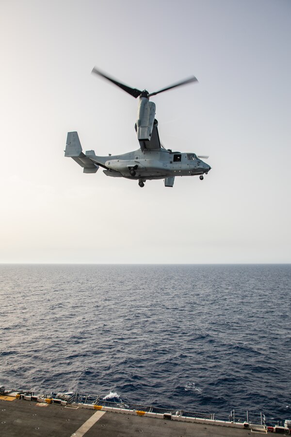 A U.S. Marine Corps MV-22B Osprey tiltrotor aircraft with Marine Medium Tiltrotor Squadron 365 (Reinforced), 24th Marine Expeditionary Unit (MEU) Special Operations Capable (SOC), takes off from the amphibious assault ship USS Wasp (LHD 1) during routine flight operations while underway in the Mediterranean Sea, June 28, 2024. The Wasp Amphibious Ready Group-24th MEU (SOC) is conducting operations in U.S. Naval Forces Europe area of operations to support high-end warfighting exercises while demonstrating speed and agility operating in a dynamic security environment. (U.S. Marine Corps photo by Gunnery Sgt. Hector de Jesus)