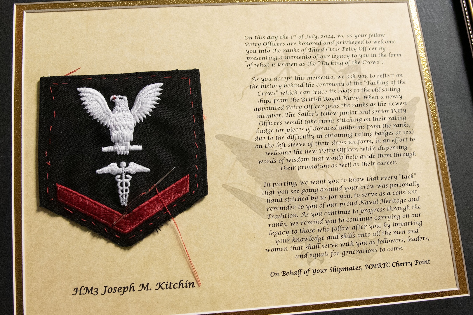The "Tacking of the Crow" certificate presented to Hospital Corpsman Third Class Joseph Kitchin at his promotion Monday, July 1, 2024.