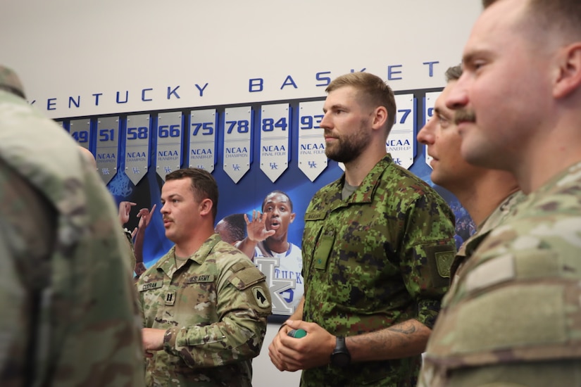 The Kentucky Wildcats hosted Lieutenant Andreas Martson, an Estonian Signal Officer training with the 2/138th through the Military Reserve Exchange Program (MREP) on June 20th, 2024. Martson and members of the 2/138th observed the Wildcats practice and met the team during Martson's cultural day. (U.S. Army National Guard Photo by Capt. Kaitlin Baudendistel)