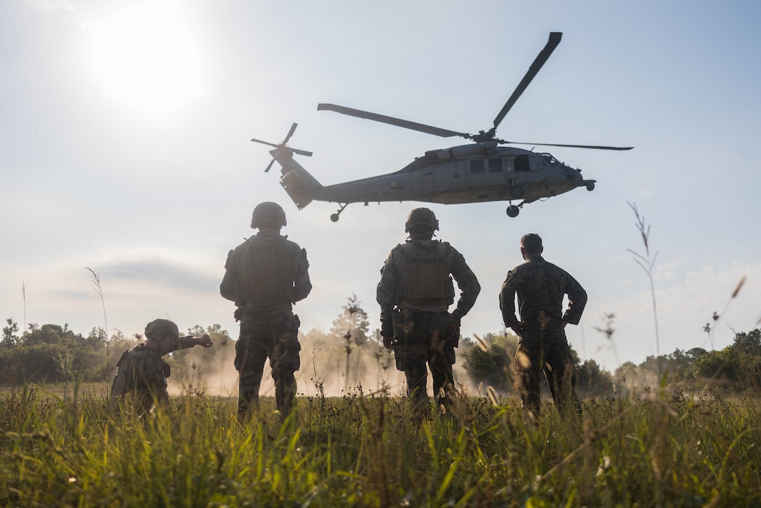 U.S. Marines and Sailors with Combat Logistics Regiment 27, 2nd Marine Logistics Group, alongside French Marines with 9th Marine Infantry Brigade, and French Marine Nationale, conduct a casualty evacuation exercise as part of Jeanne D’Arc 24 Amphibious Exercise on Camp Lejeune, North Carolina, June 15, 2024. Jeanne D’Arc 24 AMPHIBEX increases 2nd MLG joint interoperability and enhances readiness by employing forces to conduct joint and international training objectives to enhance battlefield relationships. (U.S. Marine Corps photo by Cpl. Alfonso Livrieri)