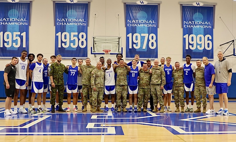 The Kentucky Wildcats hosted Lieutenant Andreas Martson, an Estonian Signal Officer training with the 2/138th through the Military Reserve Exchange Program (MREP) on June 20th, 2024. Martson and members of the 2/138th observed the Wildcats practice and met the team during Martson's cultural day. (U.S. Army National Guard Photo by Capt. Kaitlin Baudendistel)