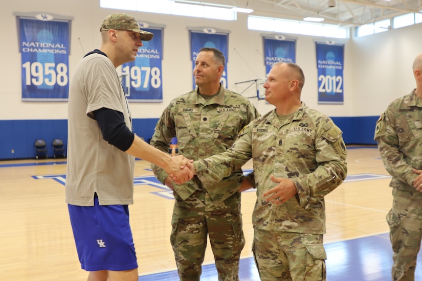 The Kentucky Wildcats hosted Lieutenant Andreas Martson, an Estonian Signal Officer training with the 2/138th through the Military Reserve Exchange Program (MREP) on June 20th, 2024. Martson and members of the 2/138th observed the Wildcats practice and met the team during Martson's cultural day. (U.S. Army National Guard Photo by Capt. Kaitlin Baudendistel)