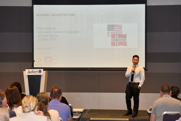 U.S. Army Corps of Engineers, Europe District Program Manager Paul Audije welcomes engineering and construction professionals to an Industry Day event in Oslo, Norway May 22, 2024, where participants learned about opportunities to work with the U.S. government in Norway. The event was hosted in partnership with the U.S. Air Force, U.S. Embassy in Oslo, Norwegian Ministry of Defence and the Norwegian Defence Estates Agency and was attended by nearly 100 industry professionals. (U.S. Army photo by Chris Gardner)
