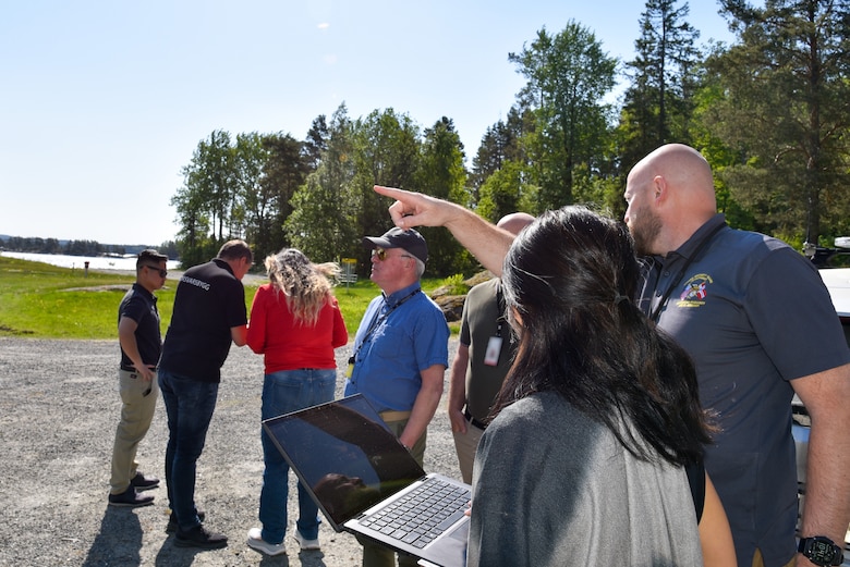 U.S. Army Corps of Engineers, U.S. Air Force Installation and Mission Support Center Detachment 4 and Norwegian Defence Estates Agency discuss future projects during a site visit to the Royal Norwegian Air Force’s Rygge Air Station in in Oslo Norway Thursday May 23, 2024. The U.S. Army Corps of Engineers is managing a roughly $200 million design and construction program there funded through the U.S. European Command’s European Deterrence Initiative using U.S. Air Force military construction funds. (U.S. Army photo by Chris Gardner)