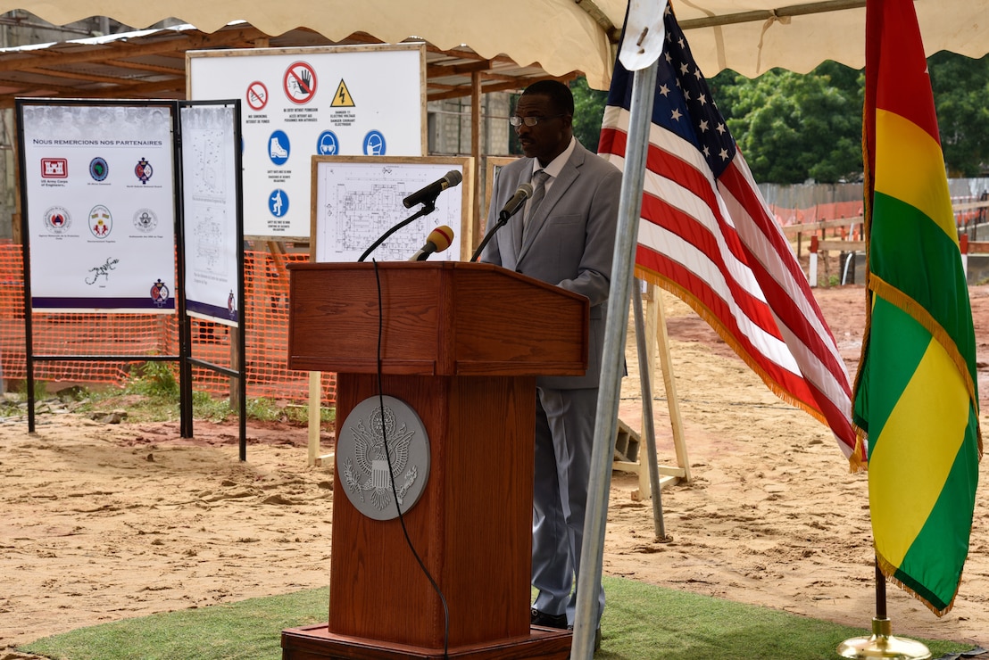 National Civil Protection Agency Director Lt. Col. Baka Yoma gives remarks during a ceremony celebrating construction starting on the new National Emergency Operations Center being built in Lomé, Togo June 26, 2024. Togolese and U.S. officials joined to celebrate the project, which is funded through the U.S. Africa Command’s Humanitarian Assistance program with the U.S. Army Corps of Engineers managing the construction project. (U.S. Army photo by Chris Gardner)