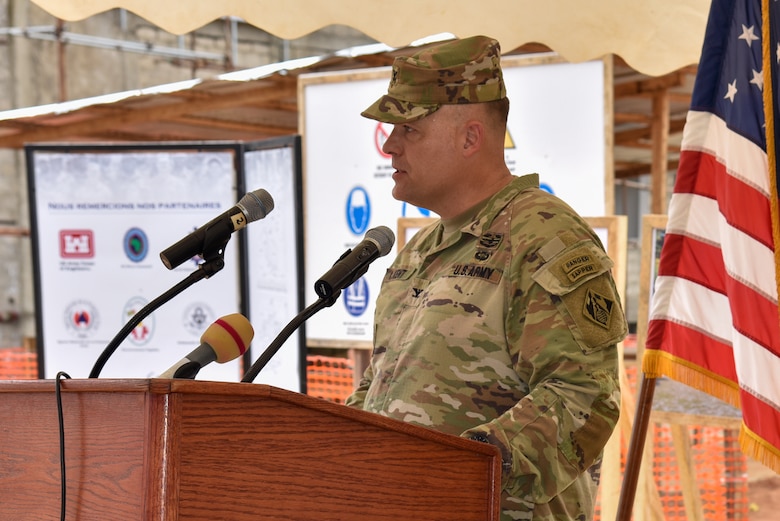 U.S. Army Corps of Engineers, Europe District Commander Col. Dan Kent gives remarks during a ceremony celebrating construction starting on the new National Emergency Operations Center being built in Lomé, Togo June 26, 2024. Togolese and U.S. officials joined to celebrate the project, which is funded through the U.S. Africa Command’s Humanitarian Assistance program with the U.S. Army Corps of Engineers managing the construction project. (U.S. Army photo by Chris Gardner)