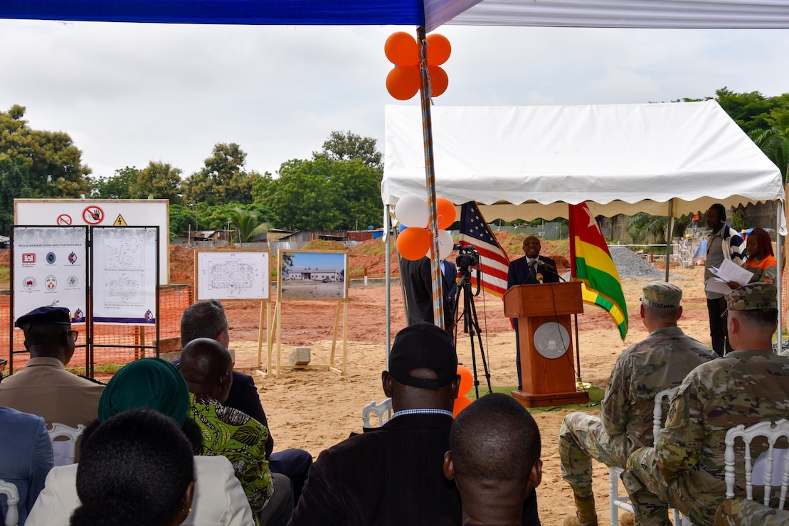 Republic of Togo Minister of Security and Civil Protection Calixte Batossie Madjoulba gives remarks during a ceremony celebrating construction starting on the new National Emergency Operations Center being built in Lomé, Togo June 26, 2024. Togolese and U.S. officials joined to celebrate the project, which is funded through the U.S. Africa Command’s Humanitarian Assistance program with the U.S. Army Corps of Engineers managing the construction project. (U.S. Army photo by Chris Gardner)
