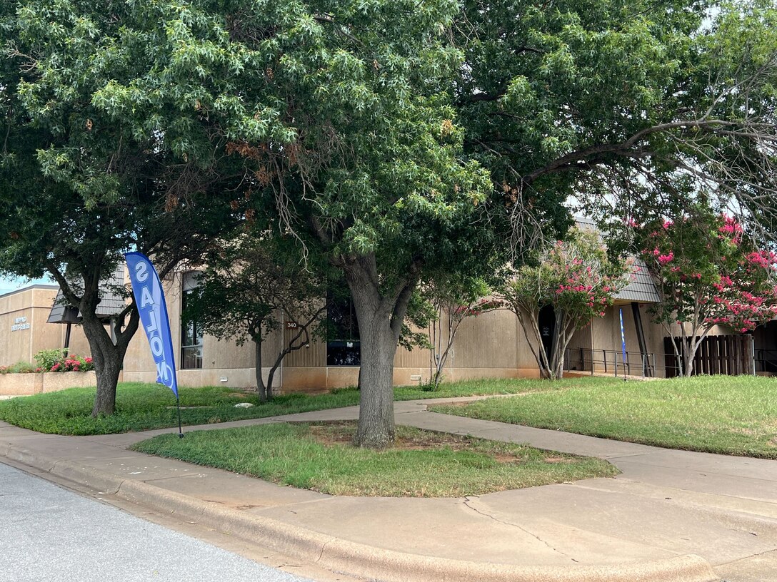 A building with banners