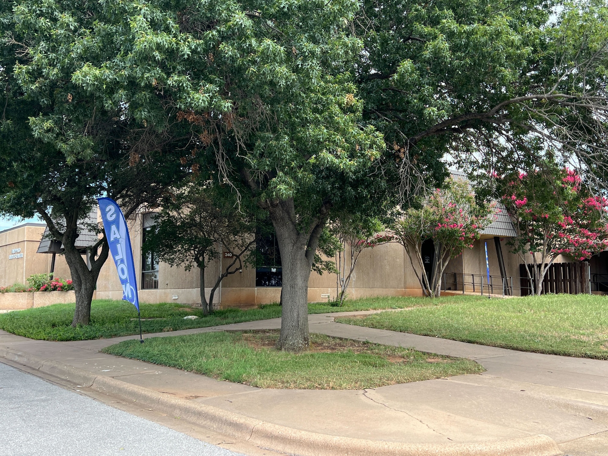A building with banners