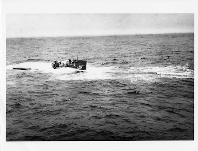 1944: April 16:  Sinking of German U-boat, U-550
Joining USS Gandy (DE-764), USS Joyce (DE-317) and USS Peterson (DE-152) intentionally rammed German (Type IXC) U-boat, U-550, in the North Atlantic east of New York on April 16, 1944.   The destroyer escorts then subsequently deployed depth-charges and gunfire to sink the submarine.  Previously, U-550 sank the U.S. merchant tanker, SS Pan Pennsylvania, on the same day.  Joyce and Peterson picked-up the survivors.   During the action, shells from the destroyer escorts set afire Pan Pennsylvania's abandoned wreck.